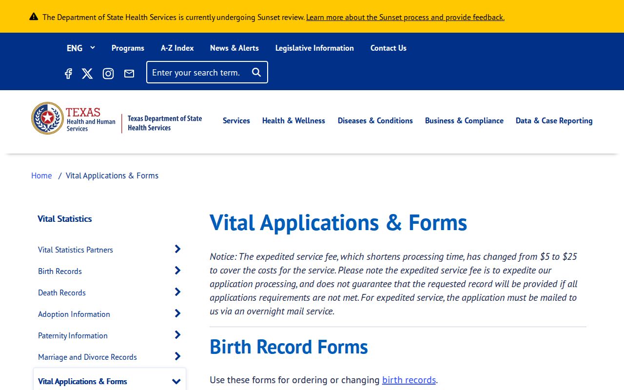 Round Rock resident lookup reference showing Texas DSHS vital-record applications